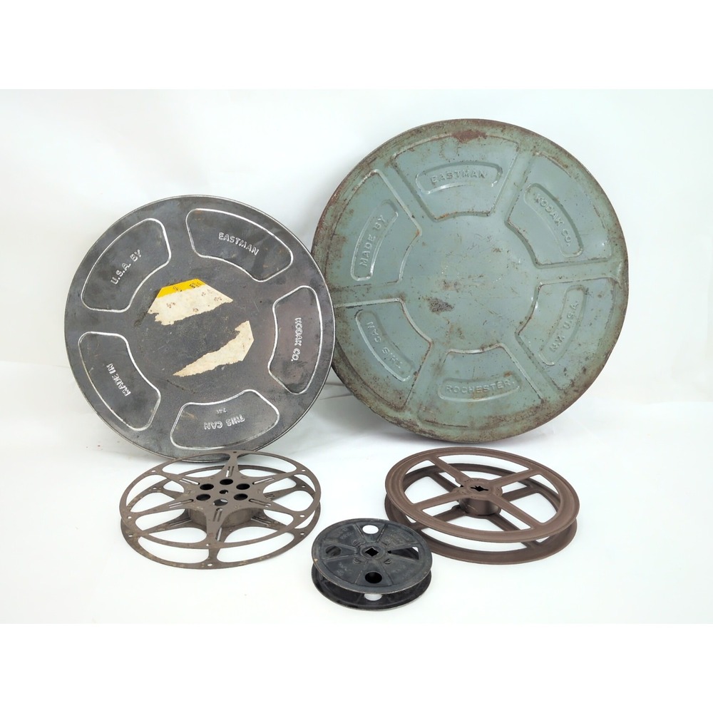 Lot 2 Metal Eastman Kodak Film Reel Canisters 11" 13" 3 Reels Movie Prop Decor